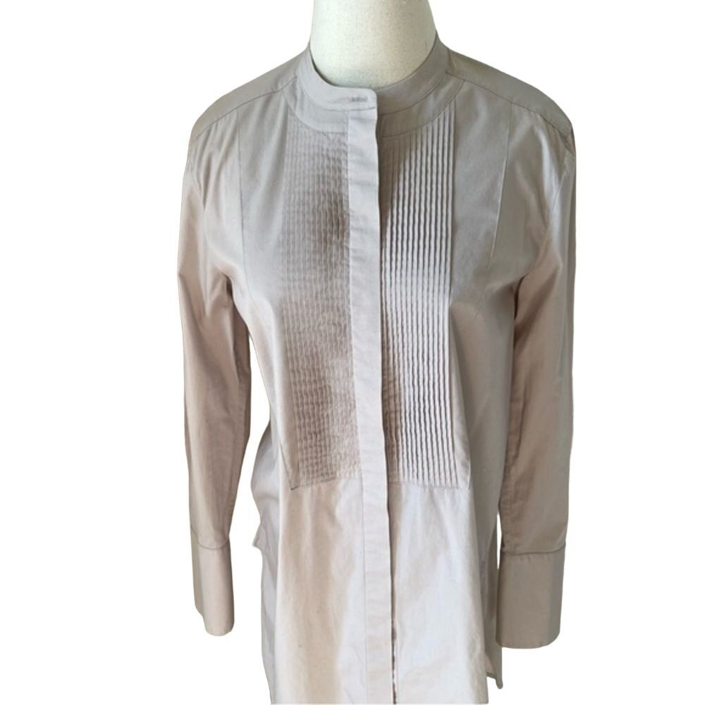 VINCE Poplin Pleat Cotton Tuxedo Tunic‎ Beige Button Down Shirt Size Small - Picture 3 of 11